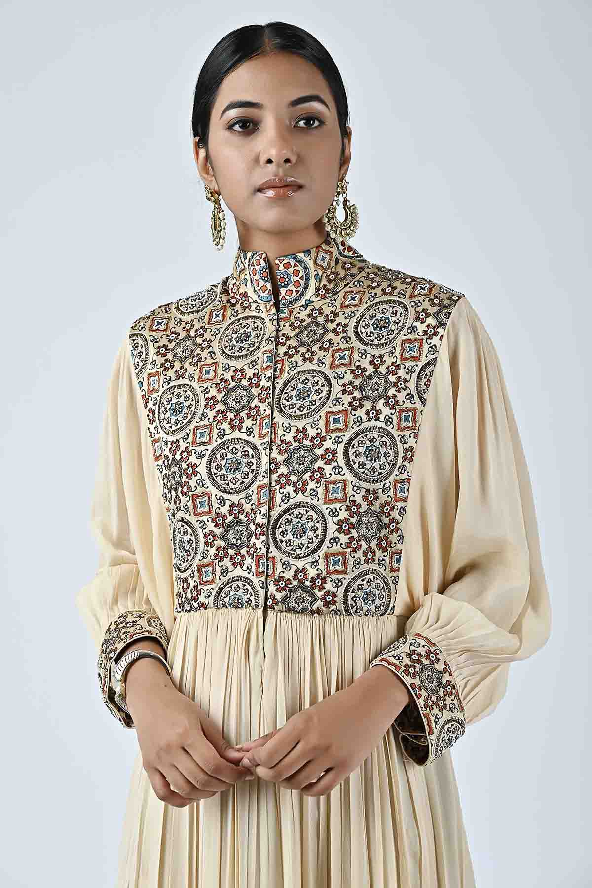 Beige Ajrakh Printed Midi Dress