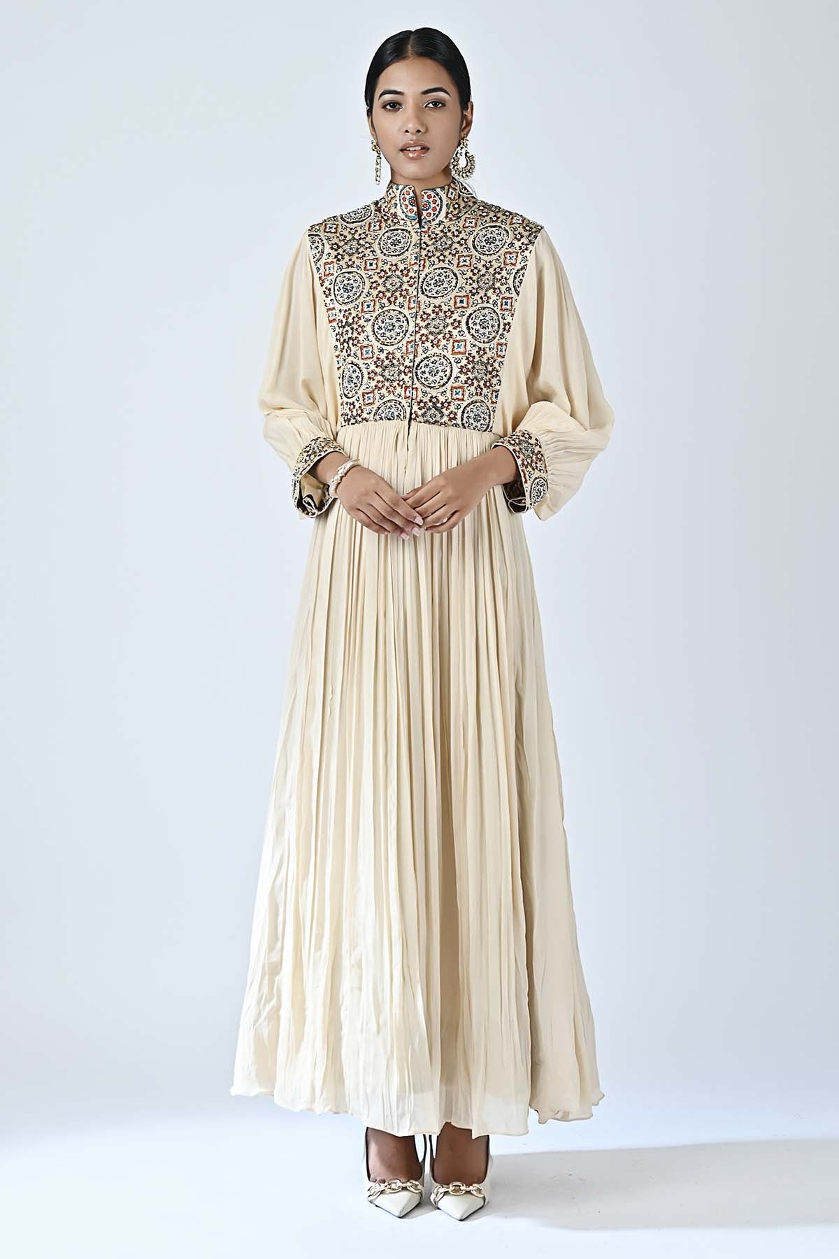 Beige Ajrakh Printed Midi Dress