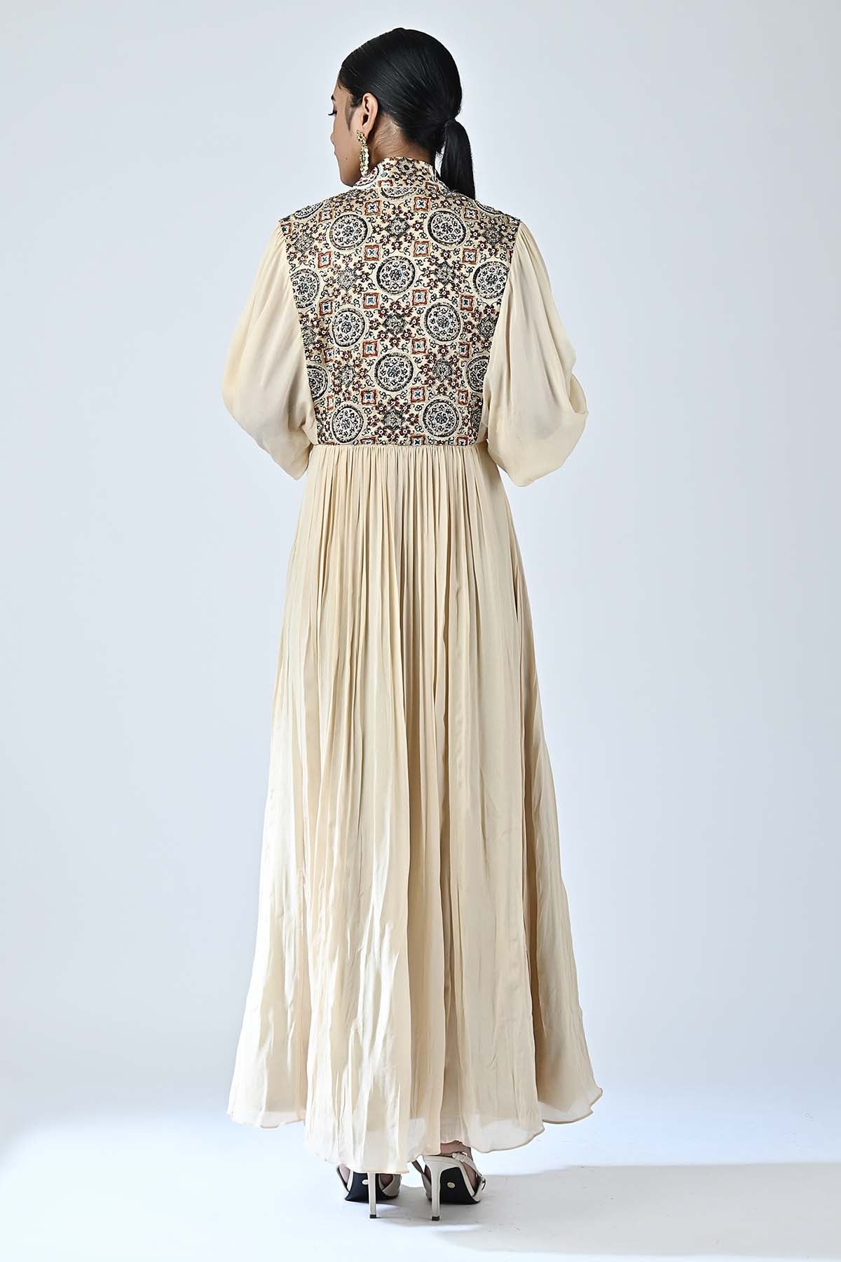 Beige Ajrakh Printed Midi Dress