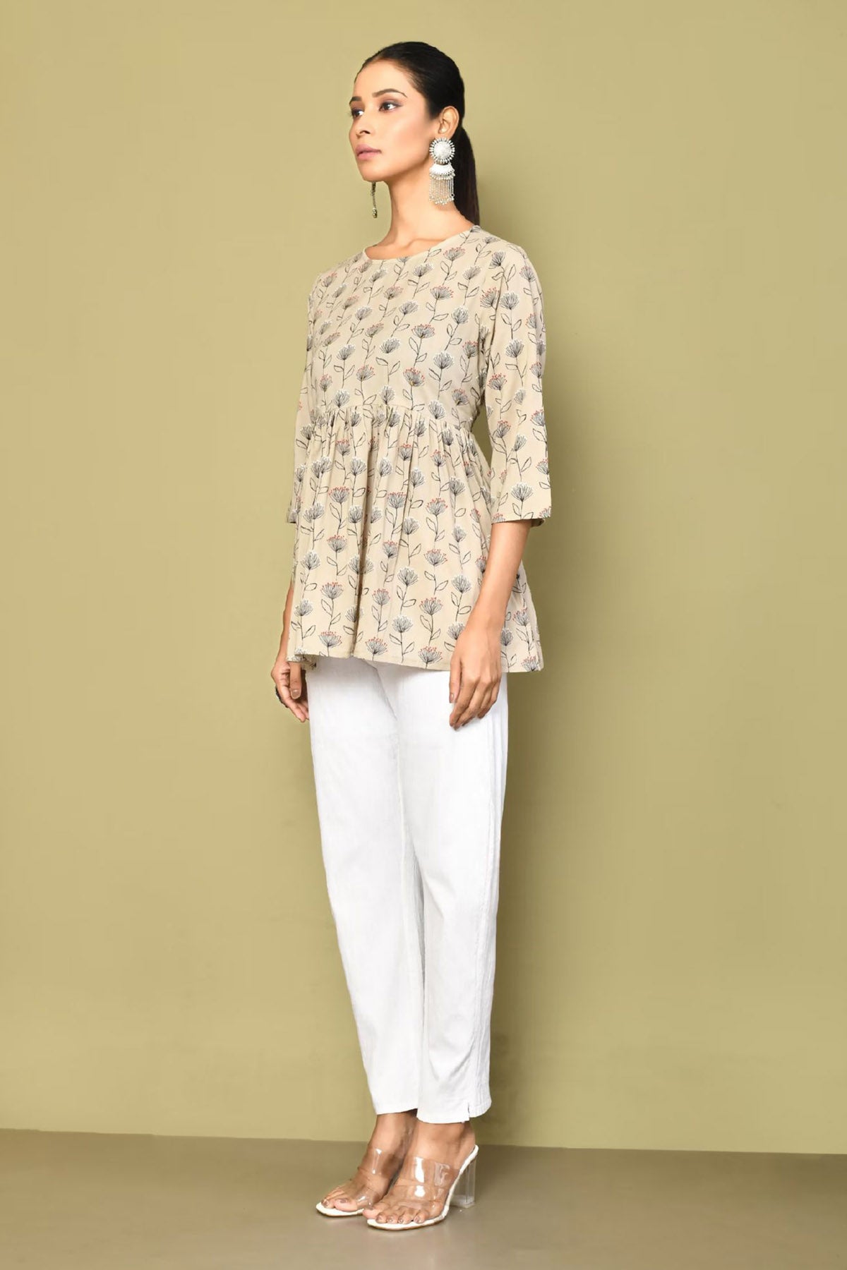 Beige Blossom Print Top