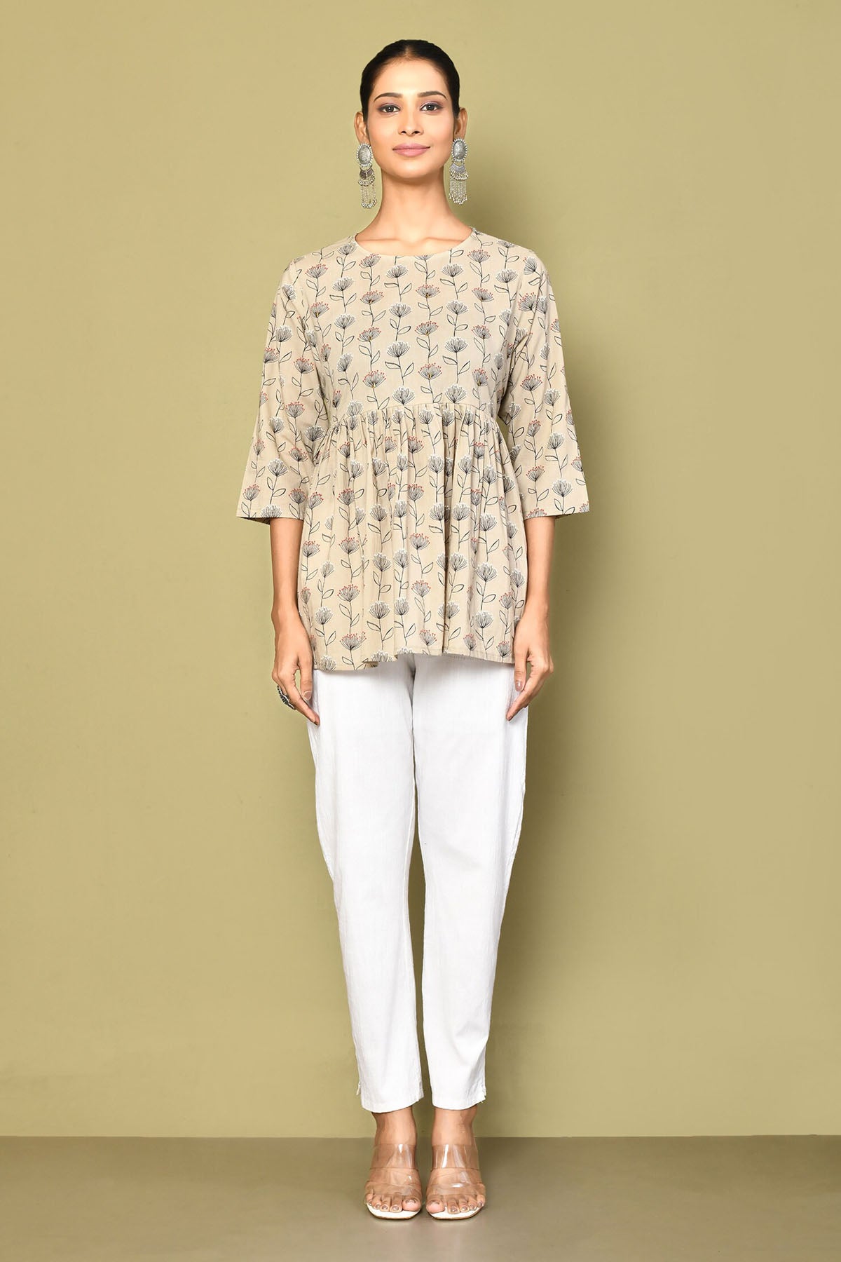 Beige Blossom Print Top