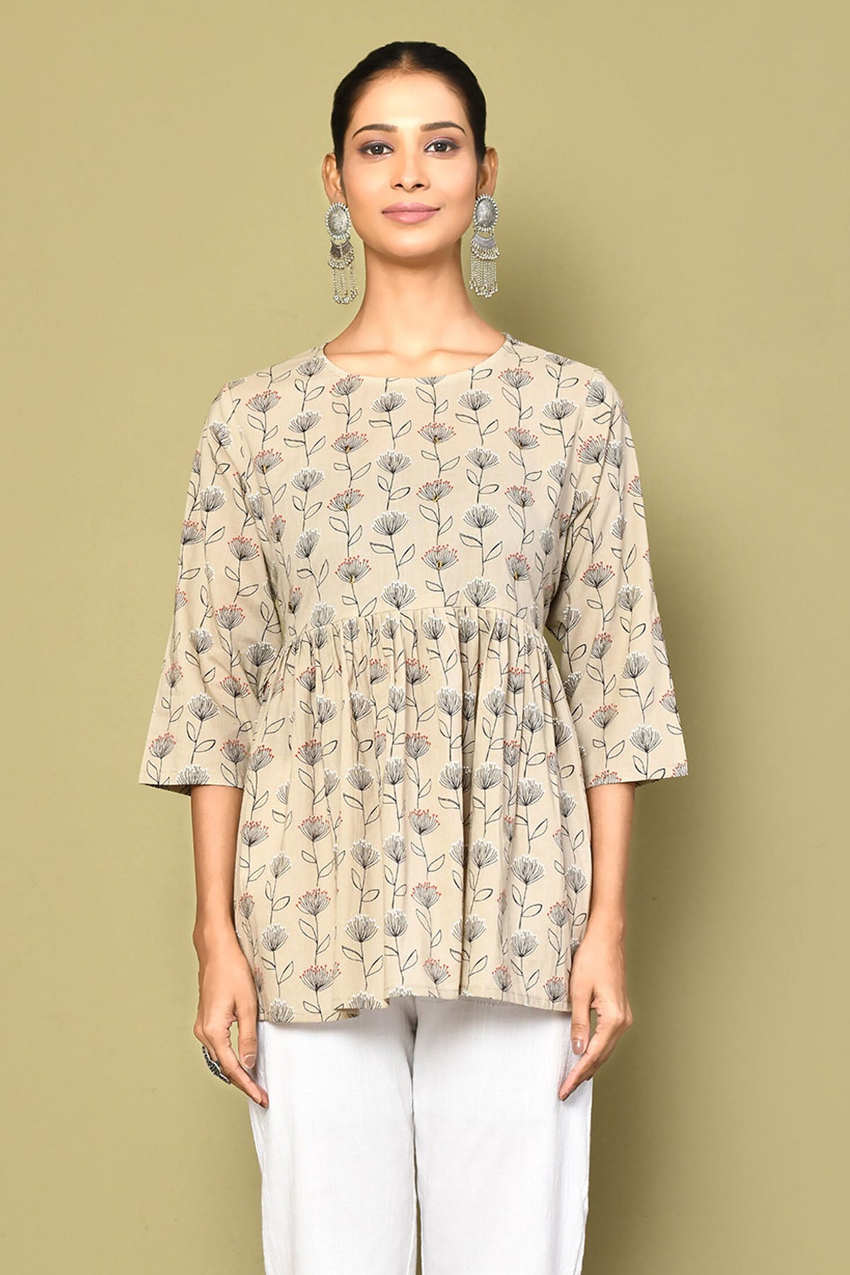 Beige Blossom Print Top
