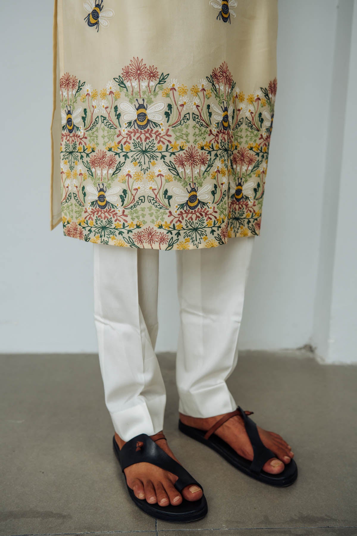 Beige Chanderi Aari Work Kurta Set