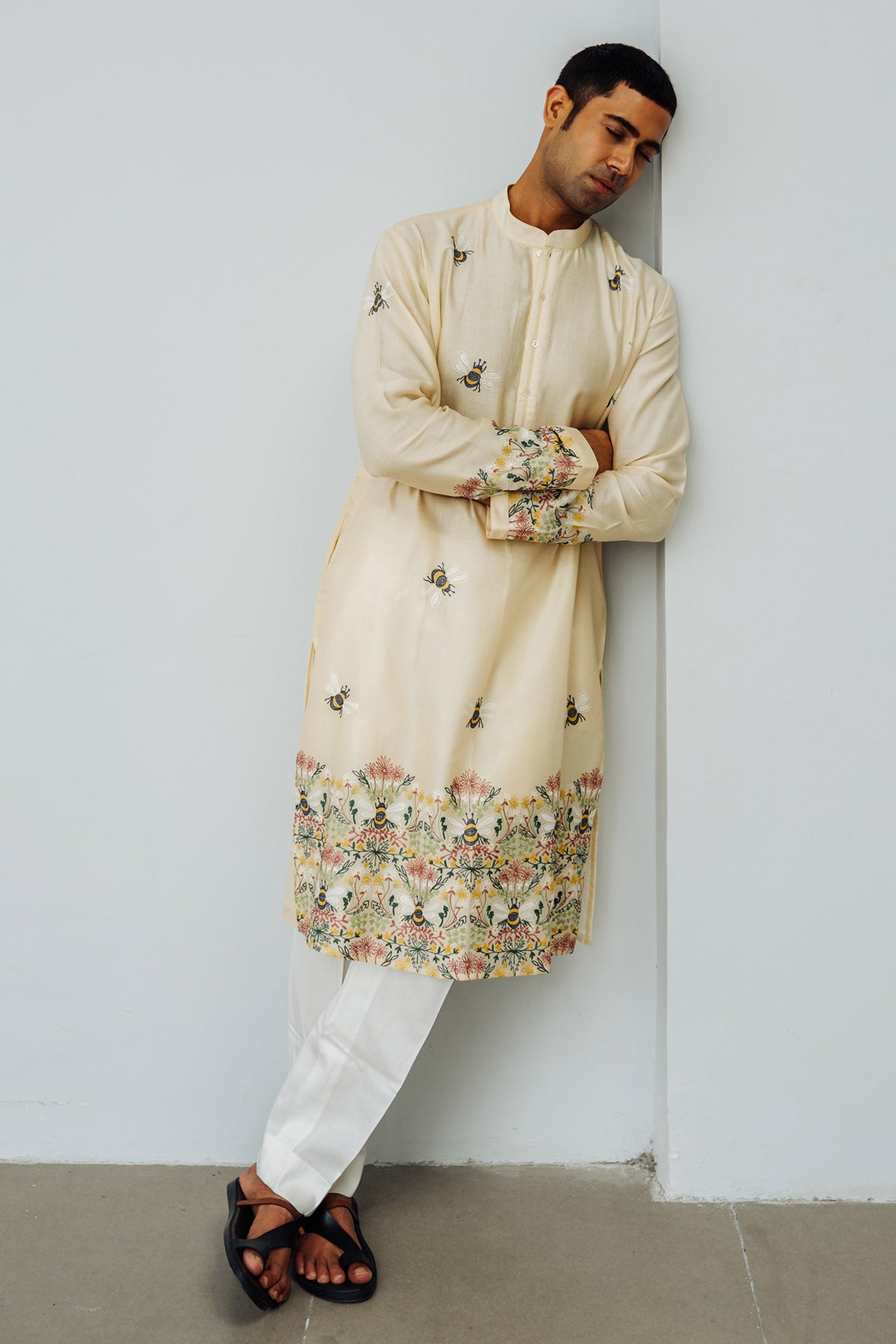 Beige Chanderi Aari Work Kurta Set