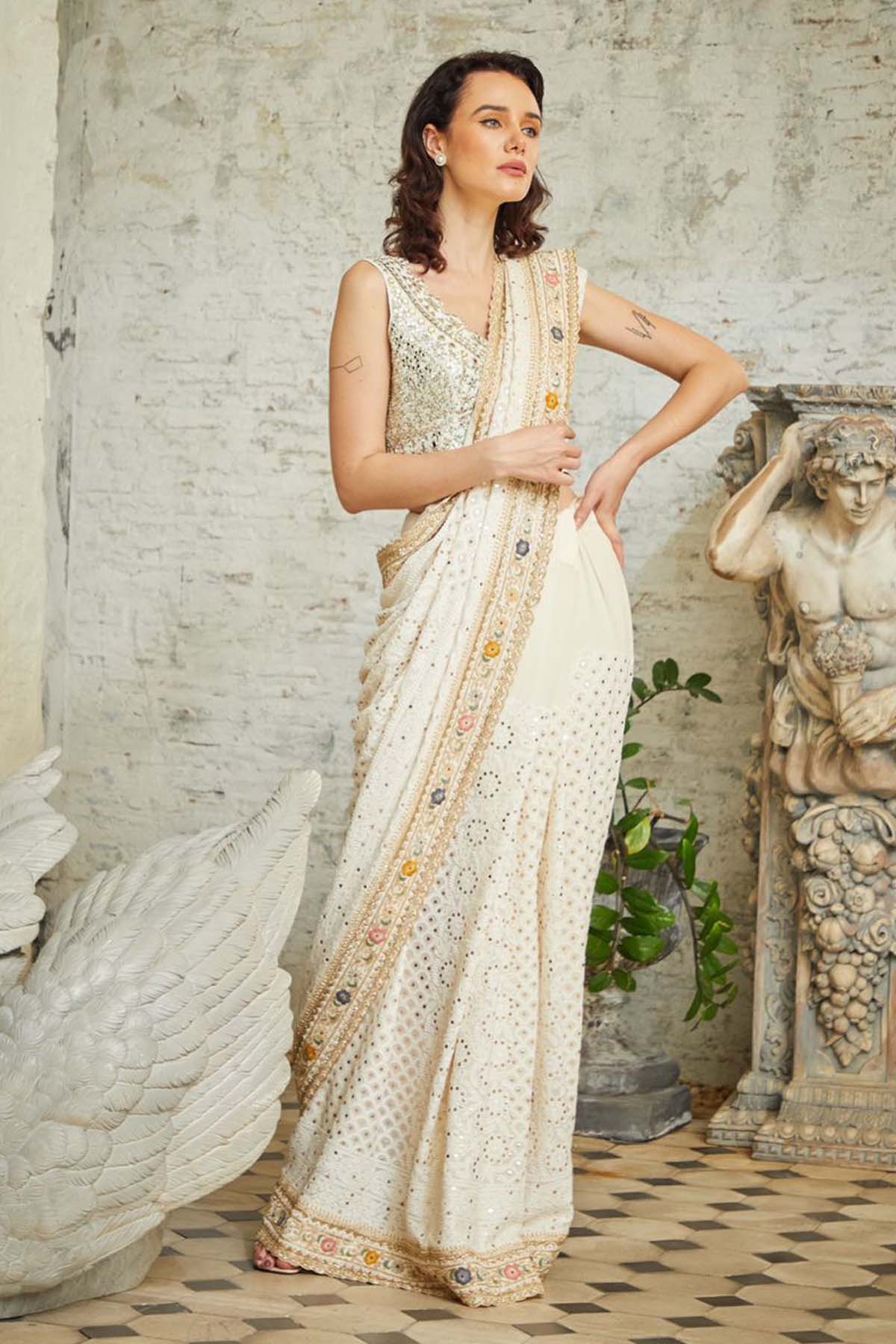 Beige Chikankari Saree