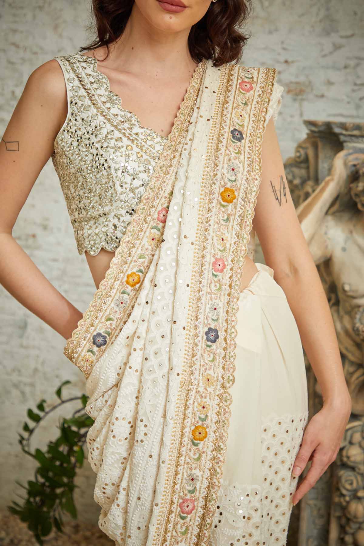 Beige Chikankari Saree