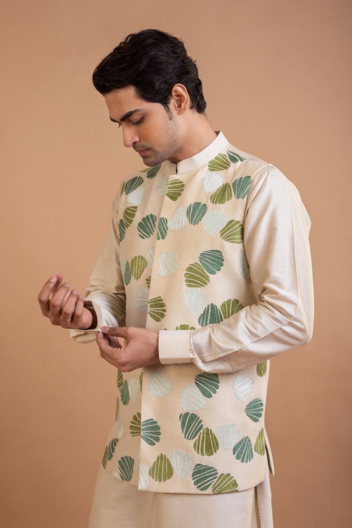 Beige Cotton Silk Bundi Set