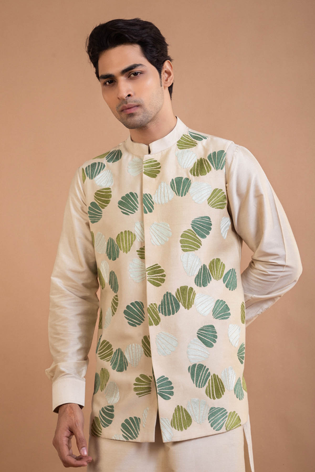 Beige Cotton Silk Bundi Set