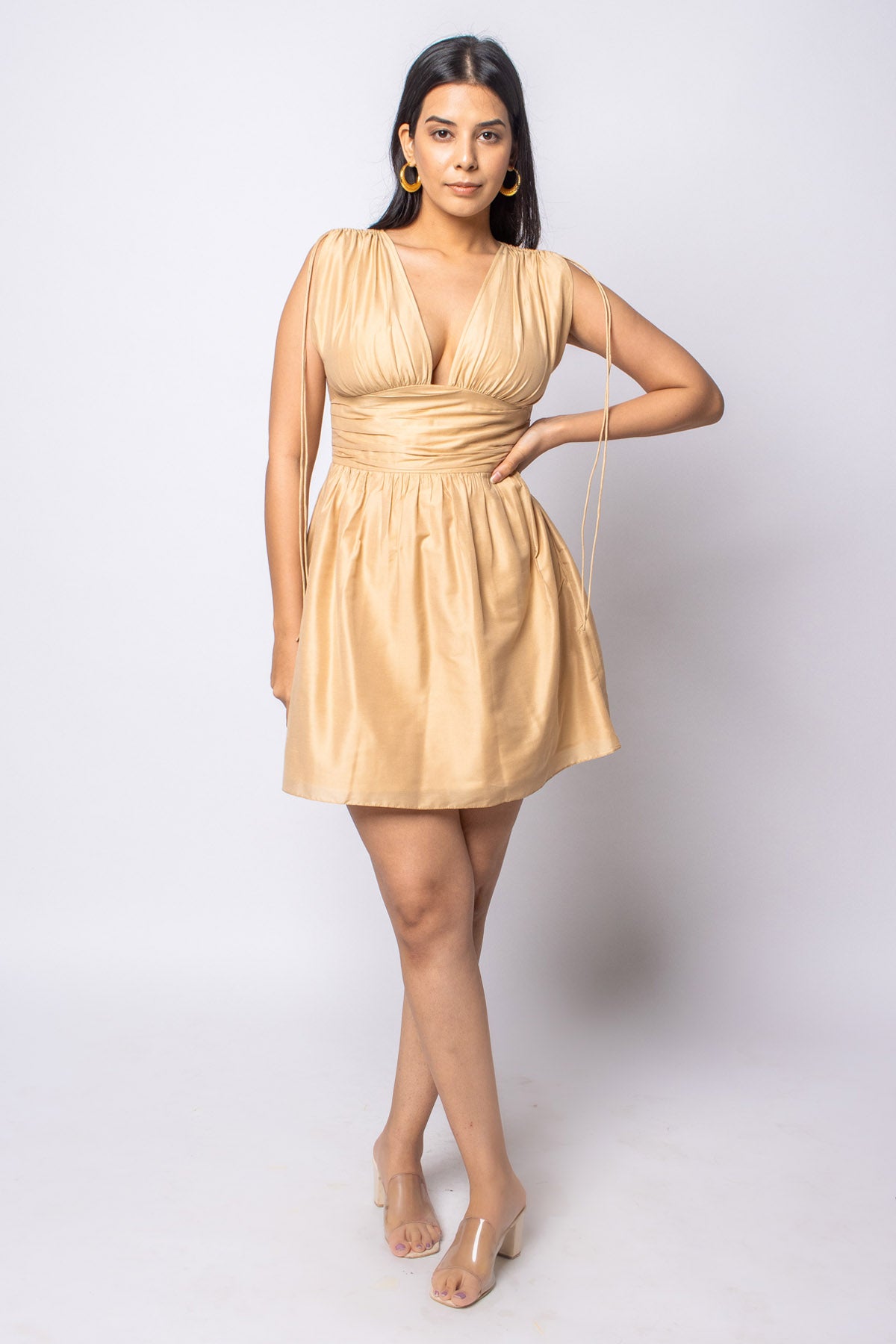 Buy Label J Beige Deep Neck Cotton Silk Dress at ScrollnShops