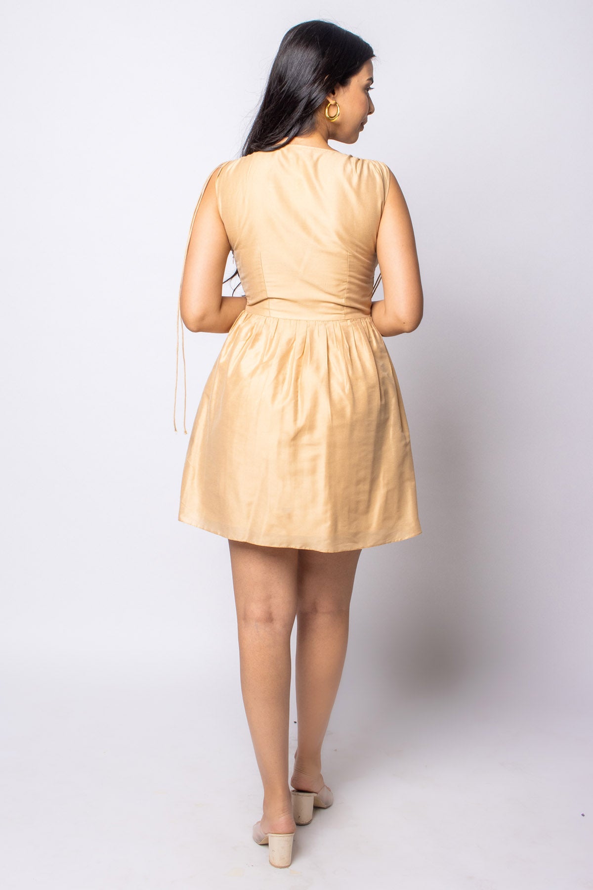 Beige Deep Neck Cotton Silk Dress