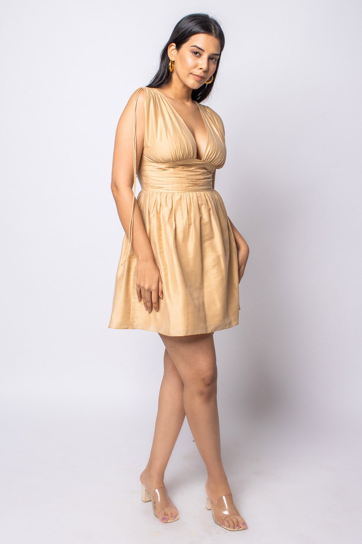 Beige Deep Neck Cotton Silk Dress