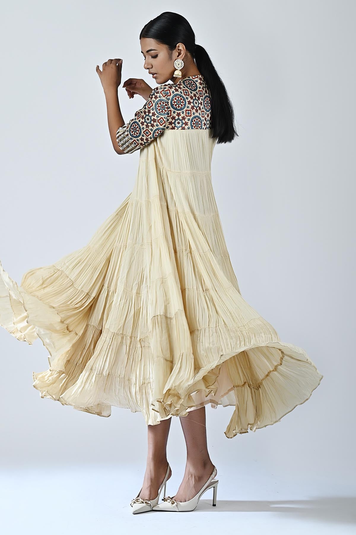 Beige Embellished Tiered Dress