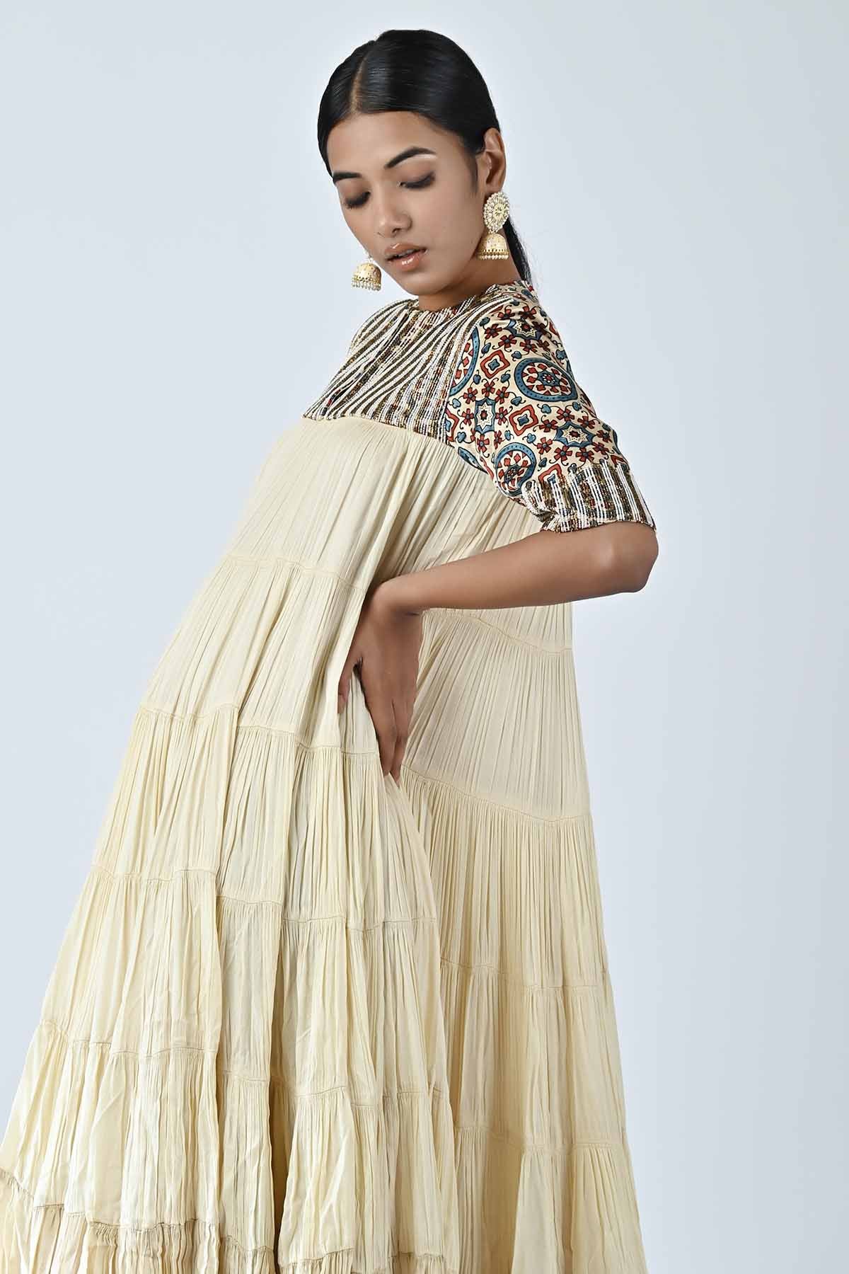 Beige Embellished Tiered Dress