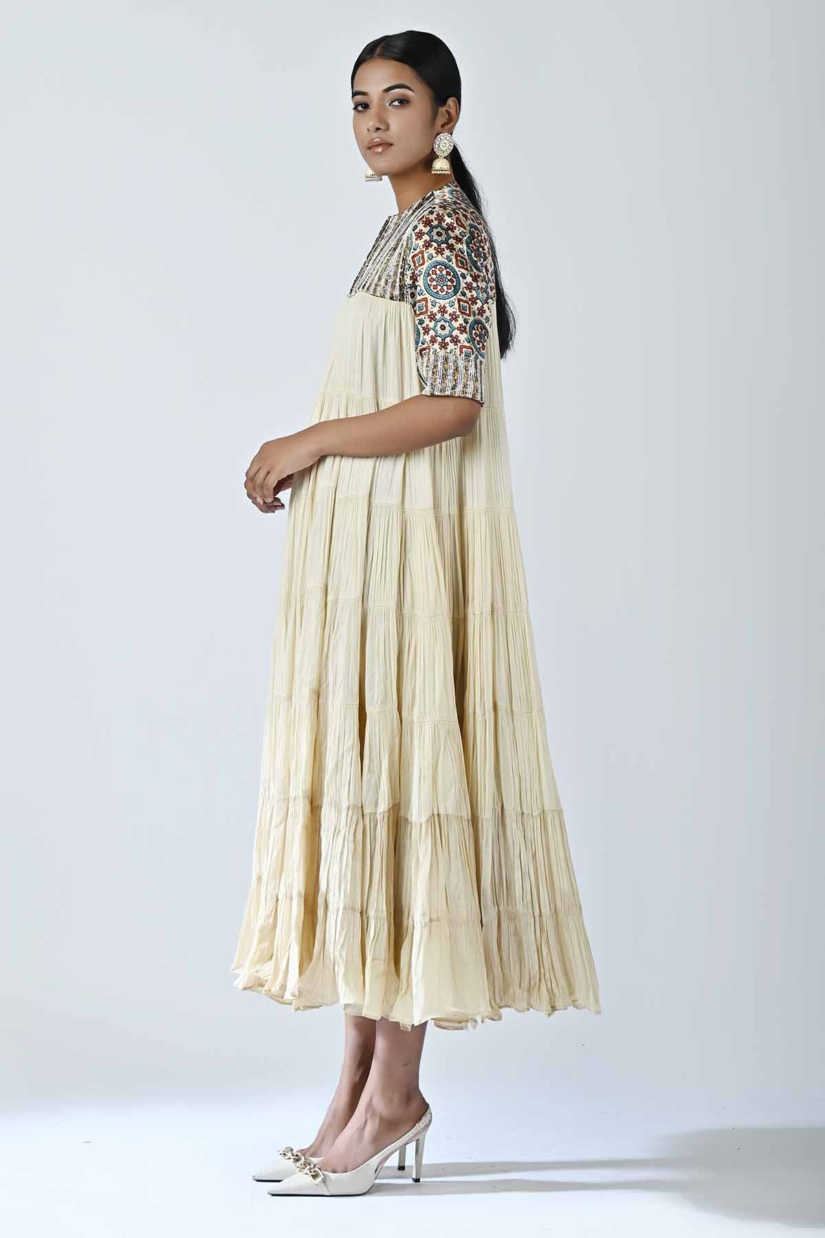 Beige Embellished Tiered Dress