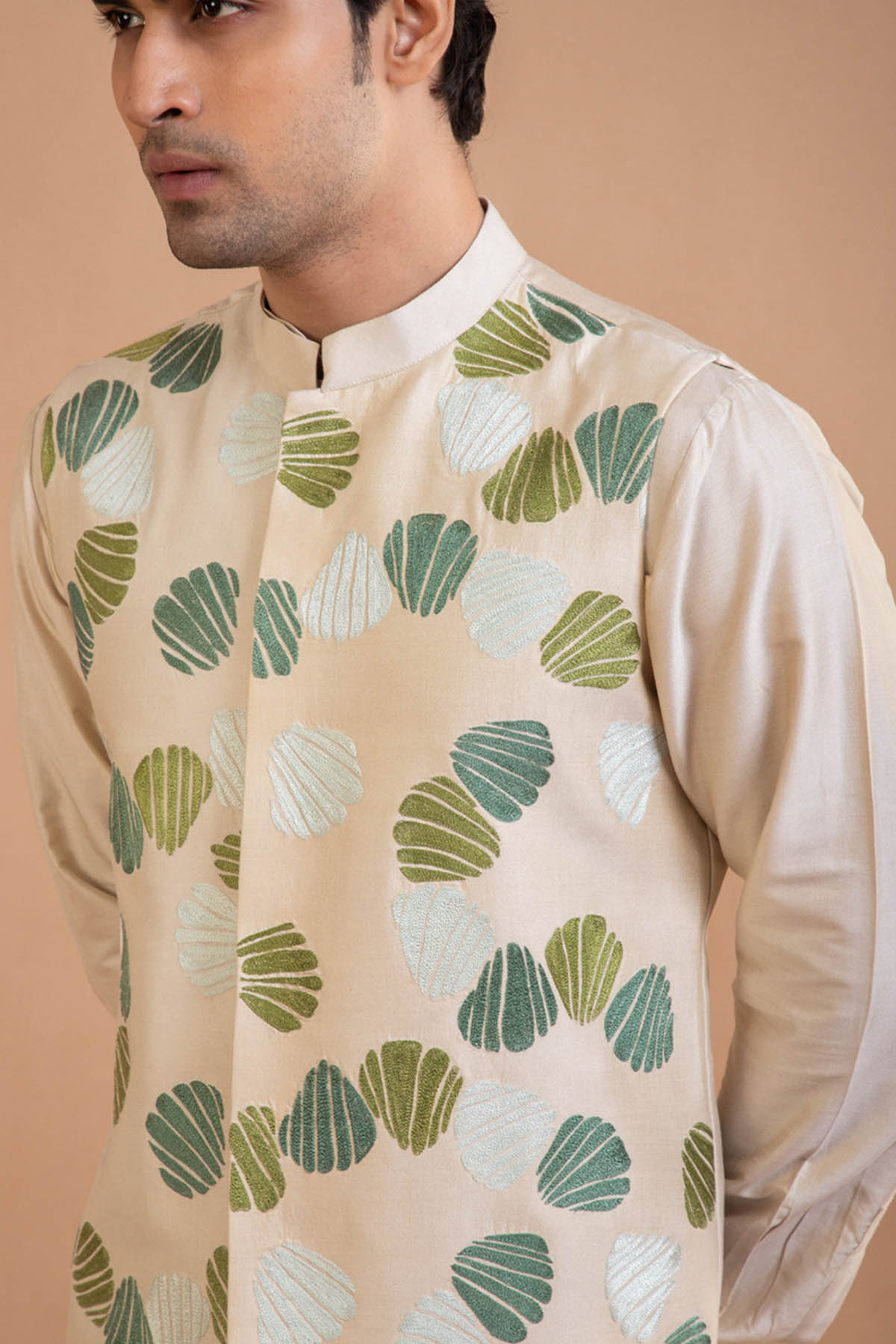 Beige Embroidered Bundi