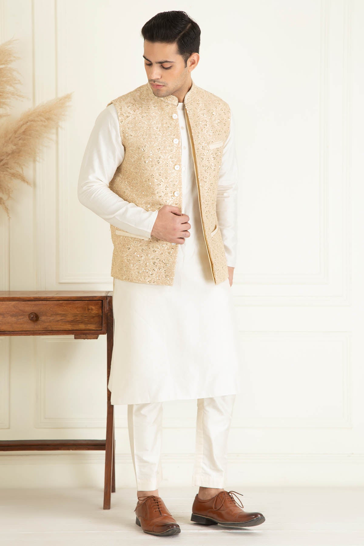Beige Embroidered Bundi Set