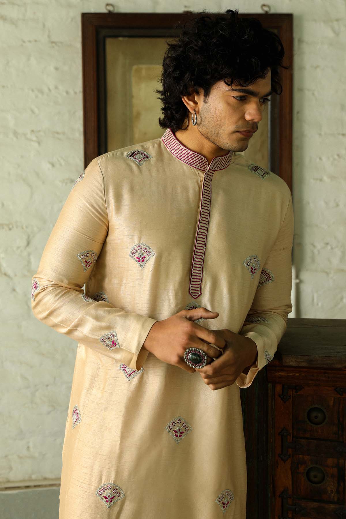 Beige Embroidered Kurta & Pants