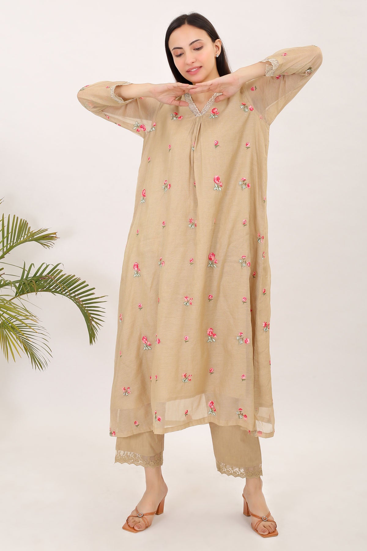 Embroidered Beige Kurta & Pants