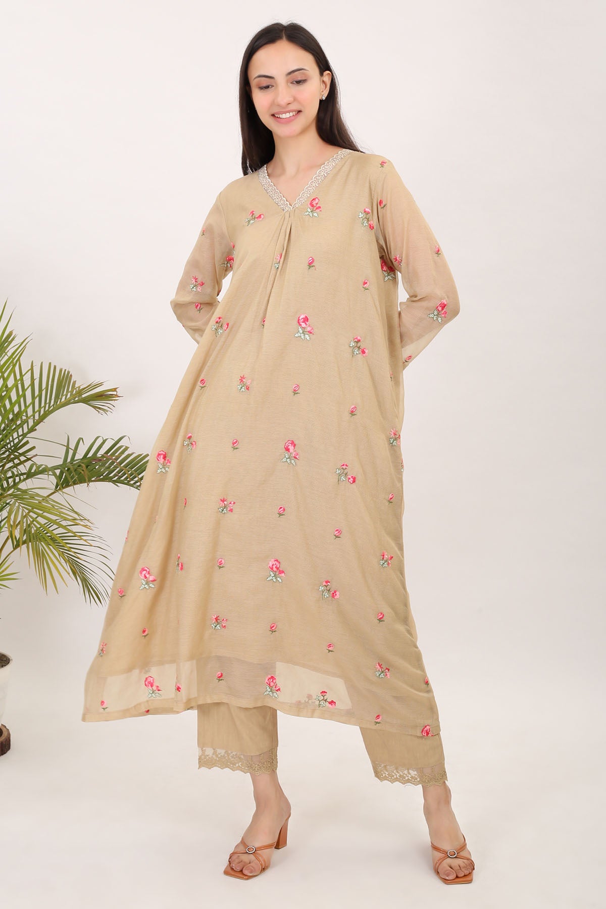 Embroidered Beige Kurta & Pants