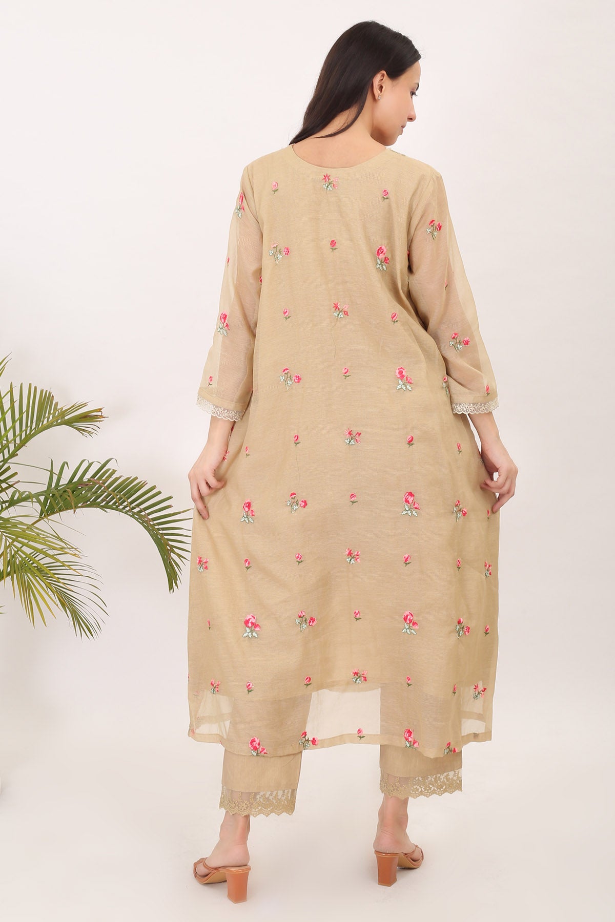Embroidered Beige Kurta & Pants
