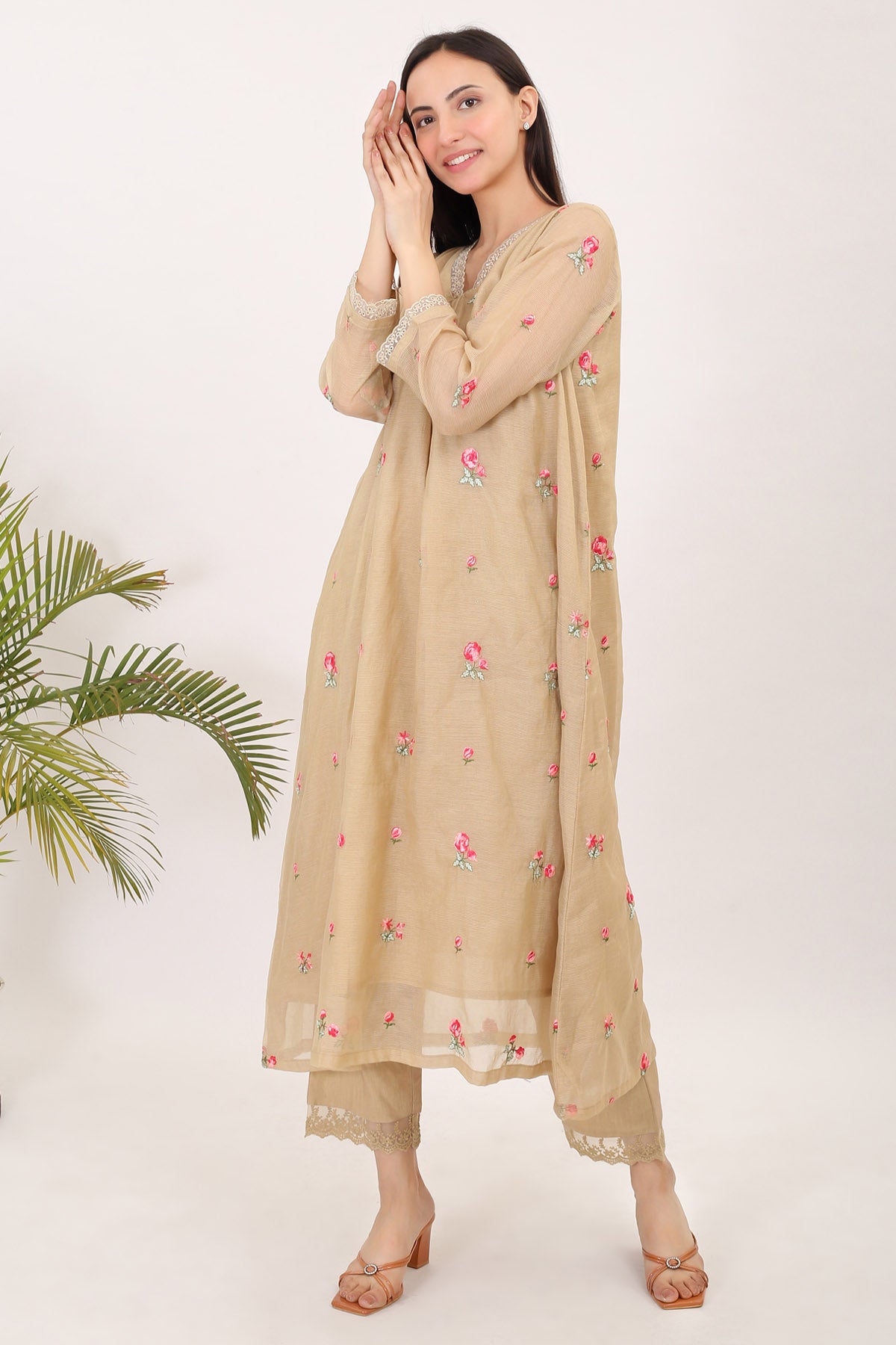 Embroidered Beige Kurta & Pants