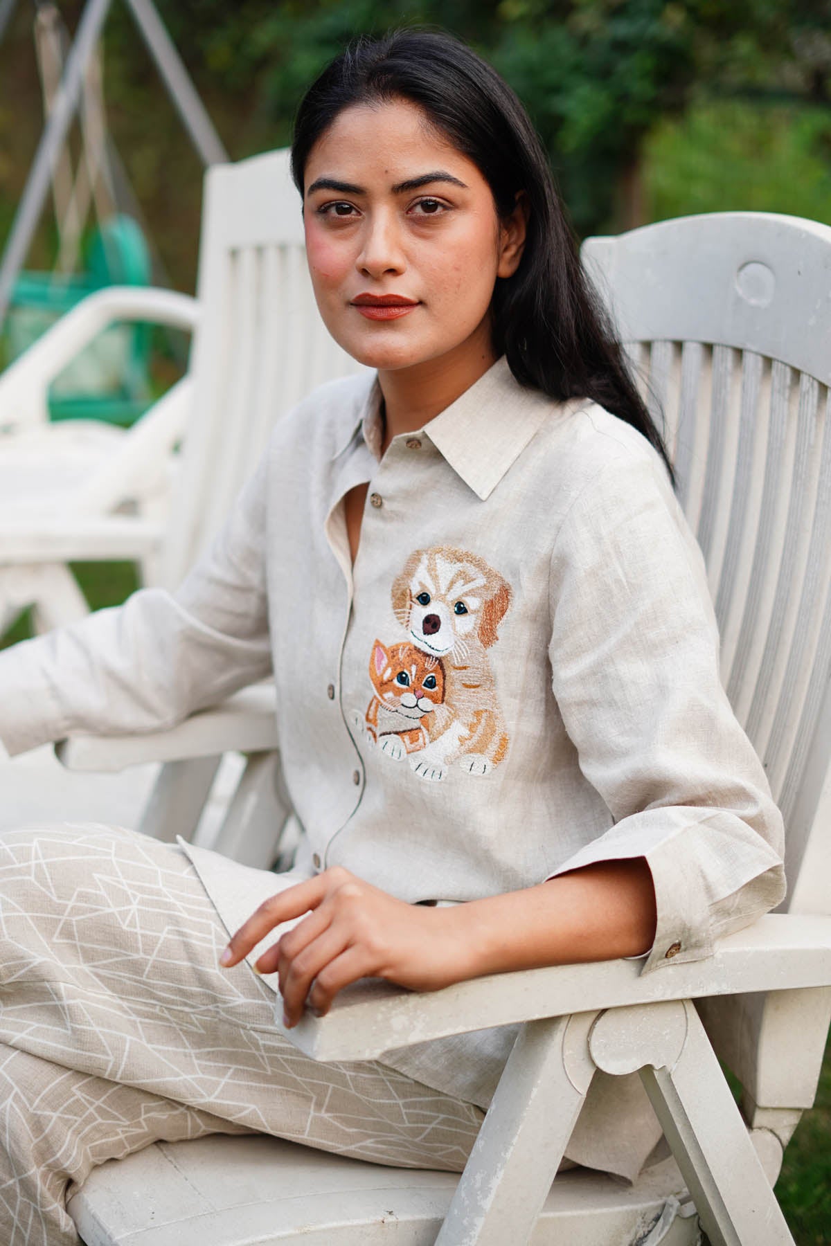 Beige Embroidered Linen Shirt