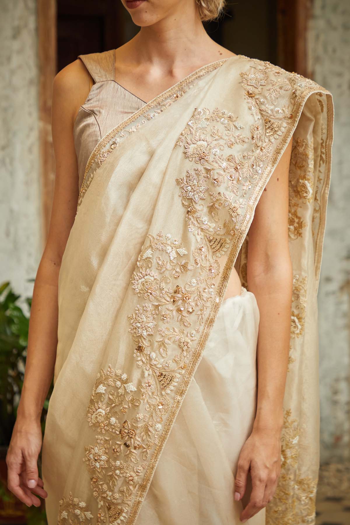 Beige Embroidered Saree