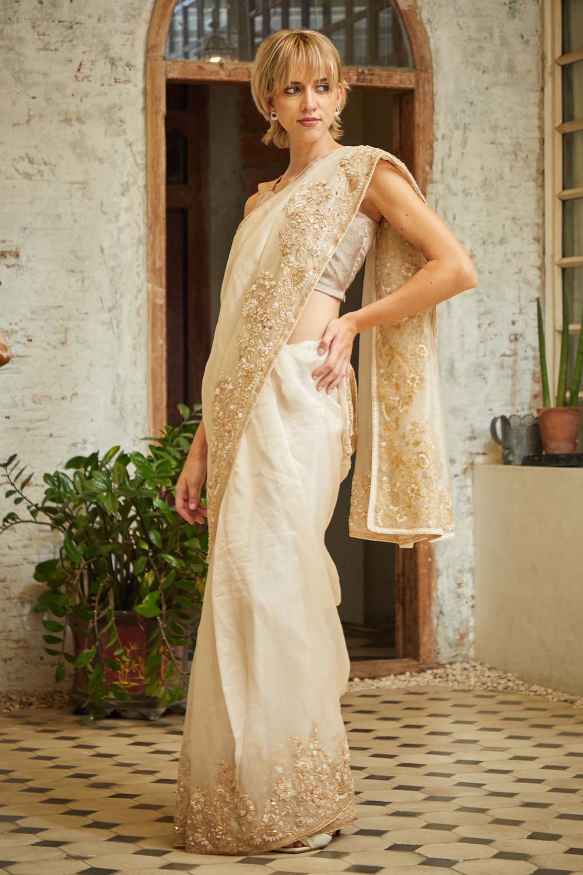 Beige Embroidered Saree