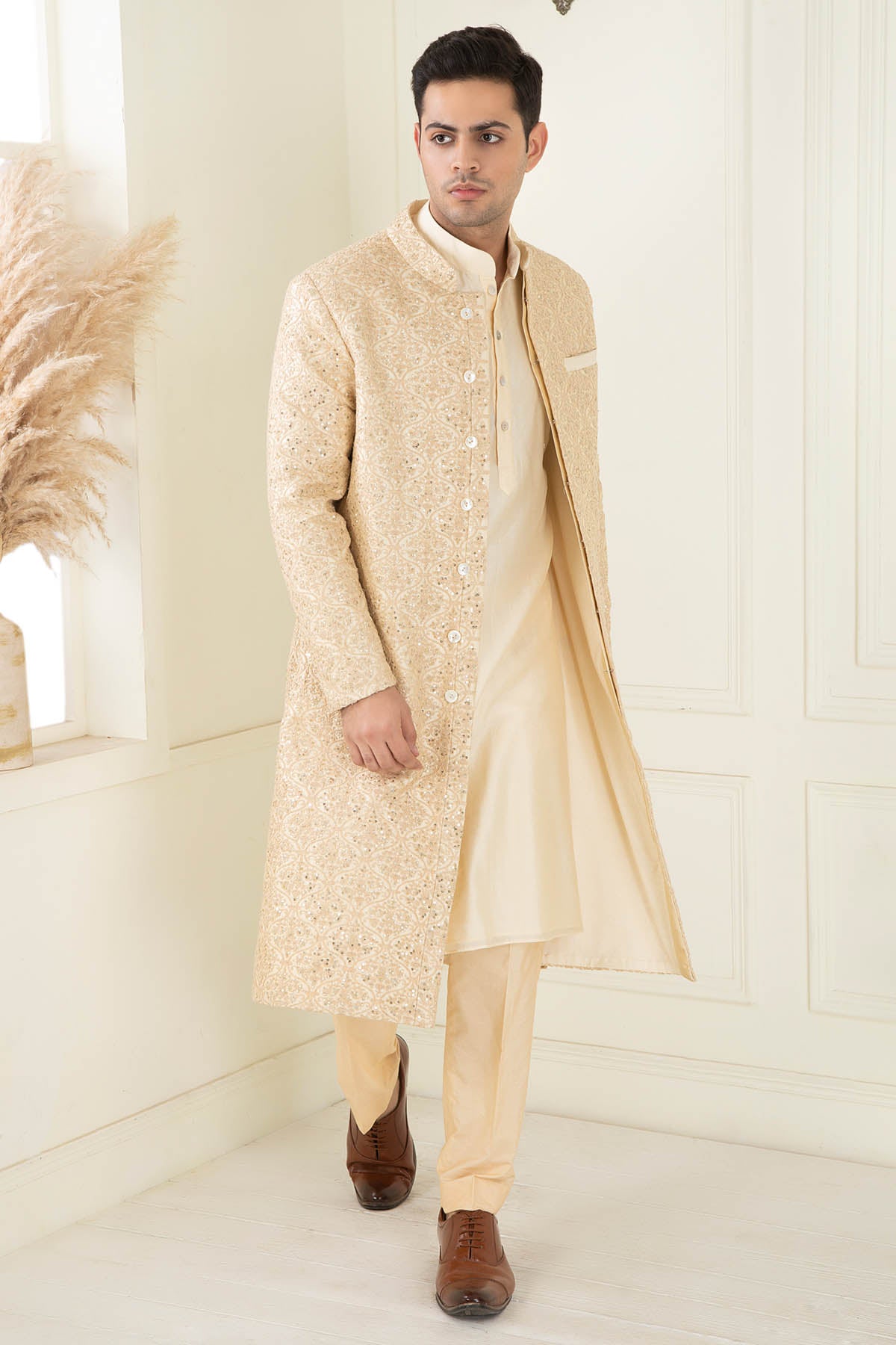 Beige Embroidered Sherwani Set