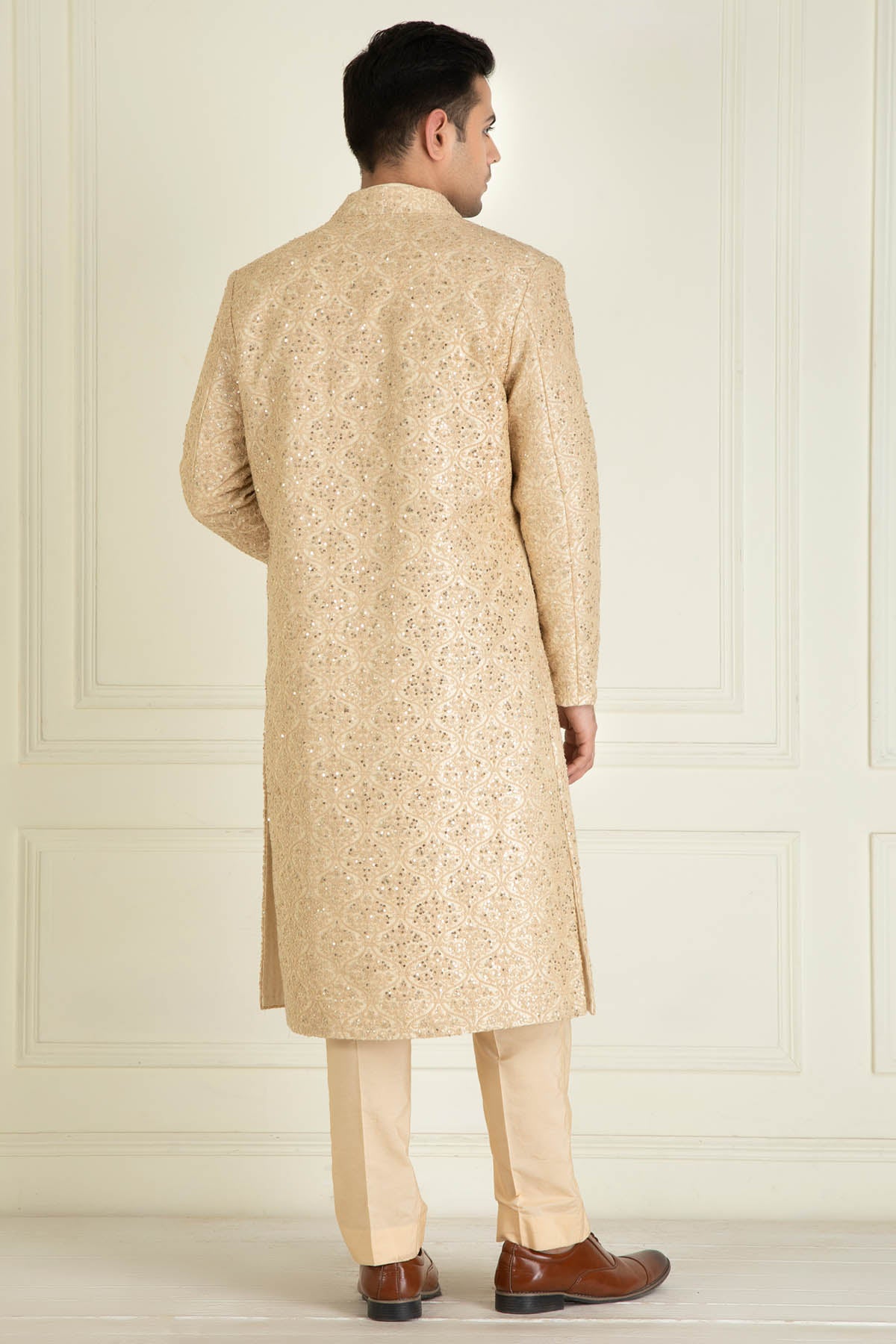 Beige Embroidered Sherwani Set