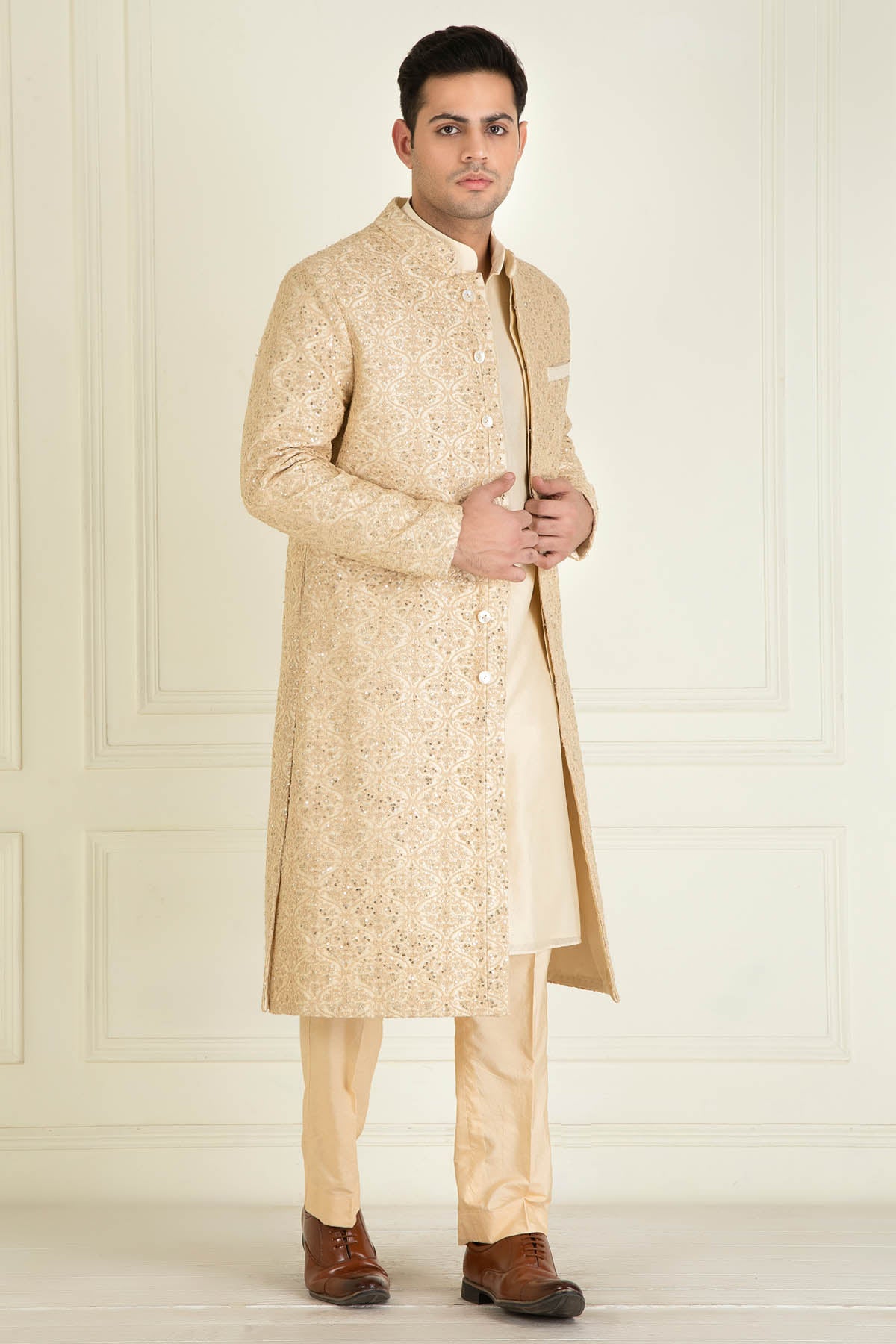 Beige Embroidered Sherwani Set