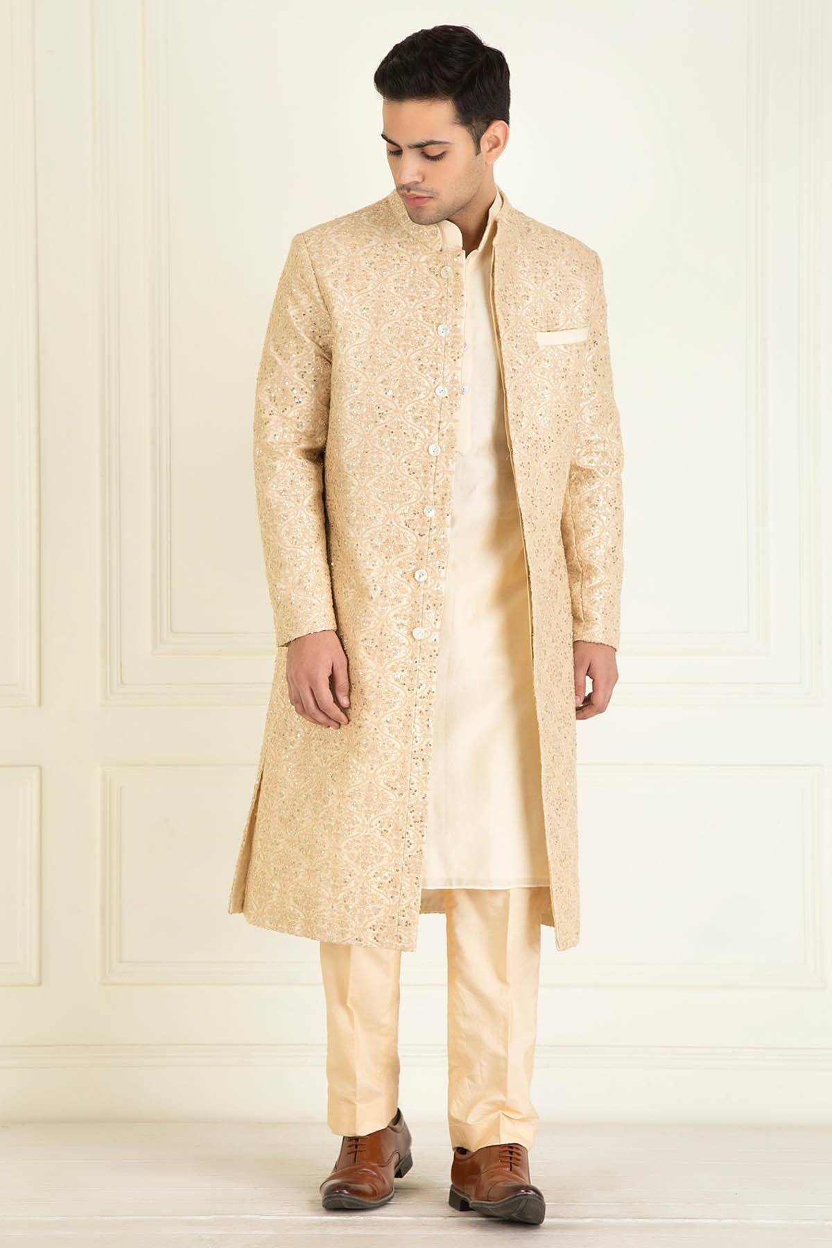 Beige Embroidered Sherwani Set