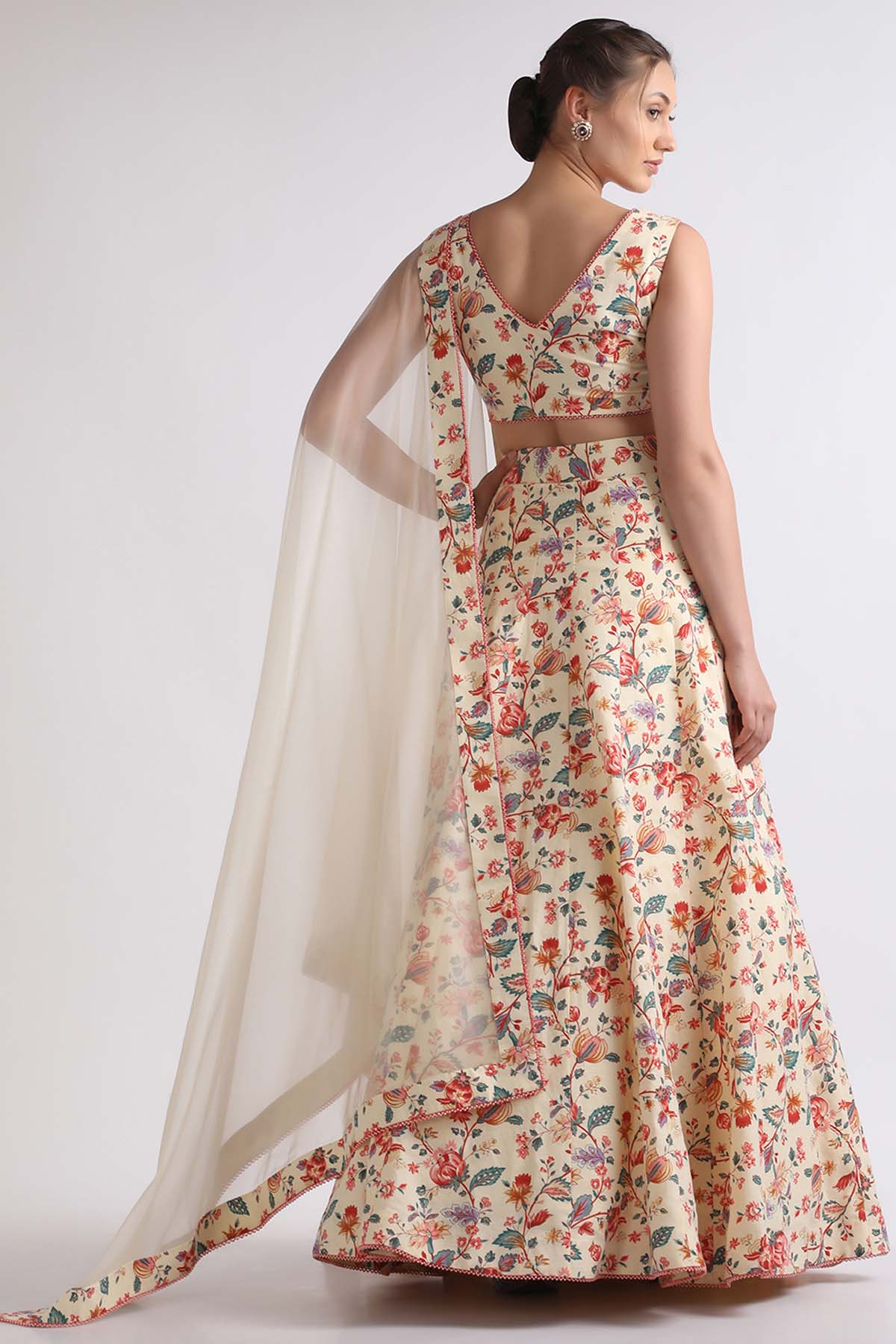Beige Floral Print Lehenga Set