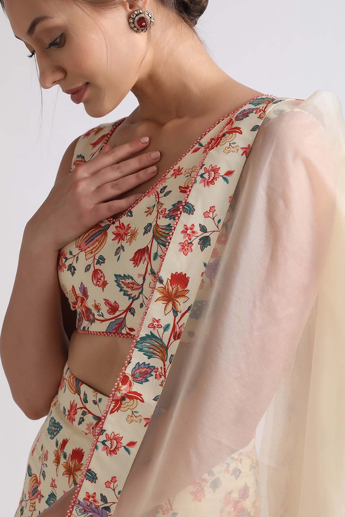 Beige Floral Print Lehenga Set