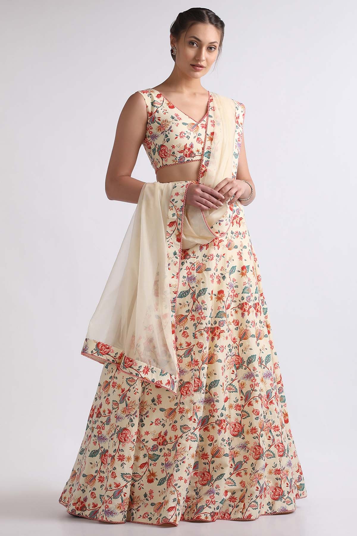 Beige Floral Print Lehenga Set
