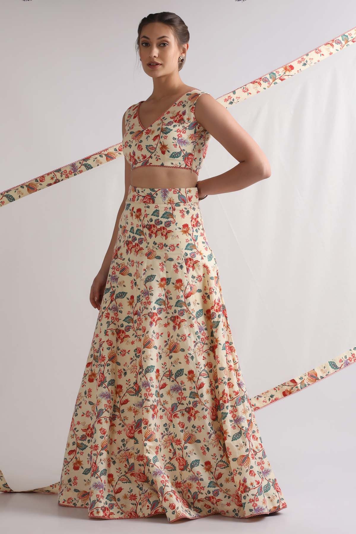 Beige Floral Print Lehenga Set