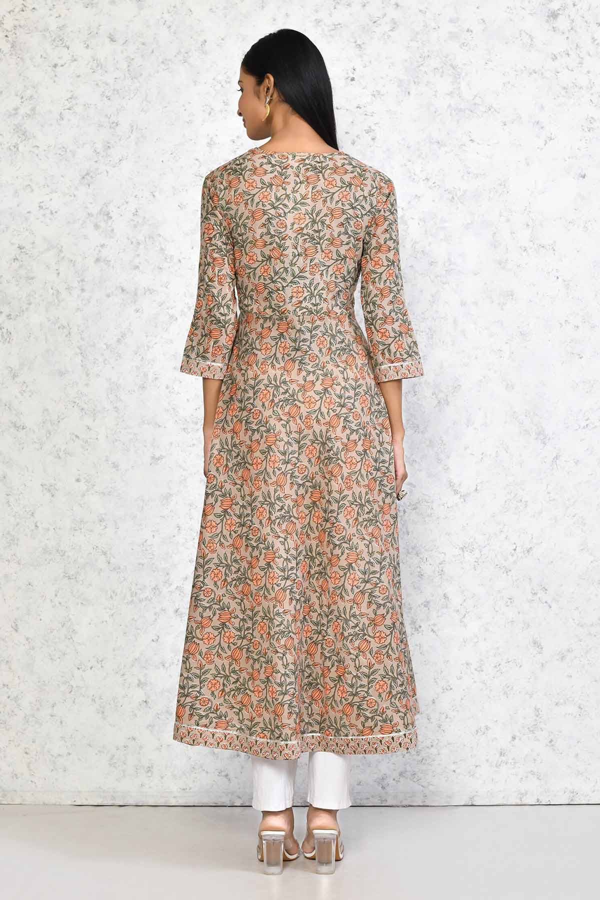 Beige Floral Printed Kurta