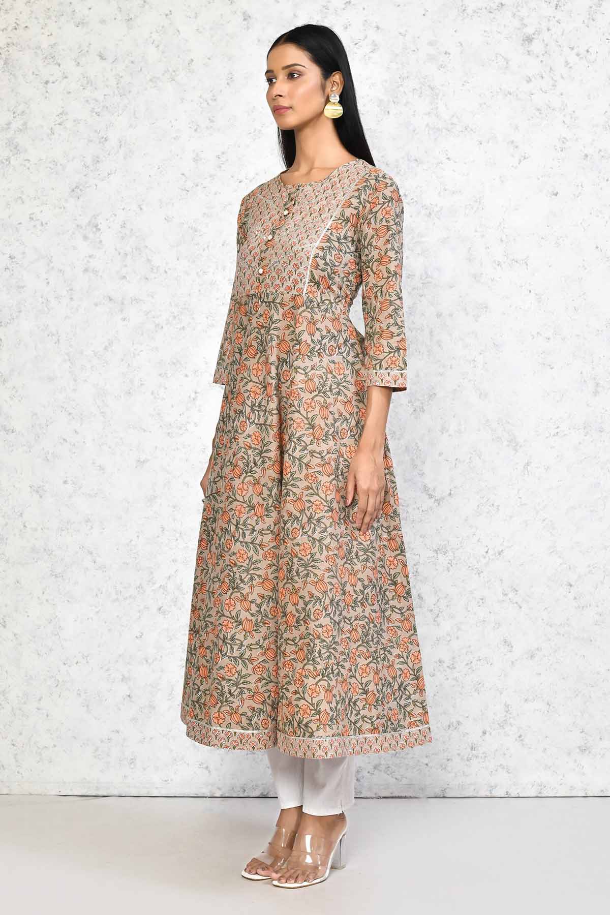Beige Floral Printed Kurta