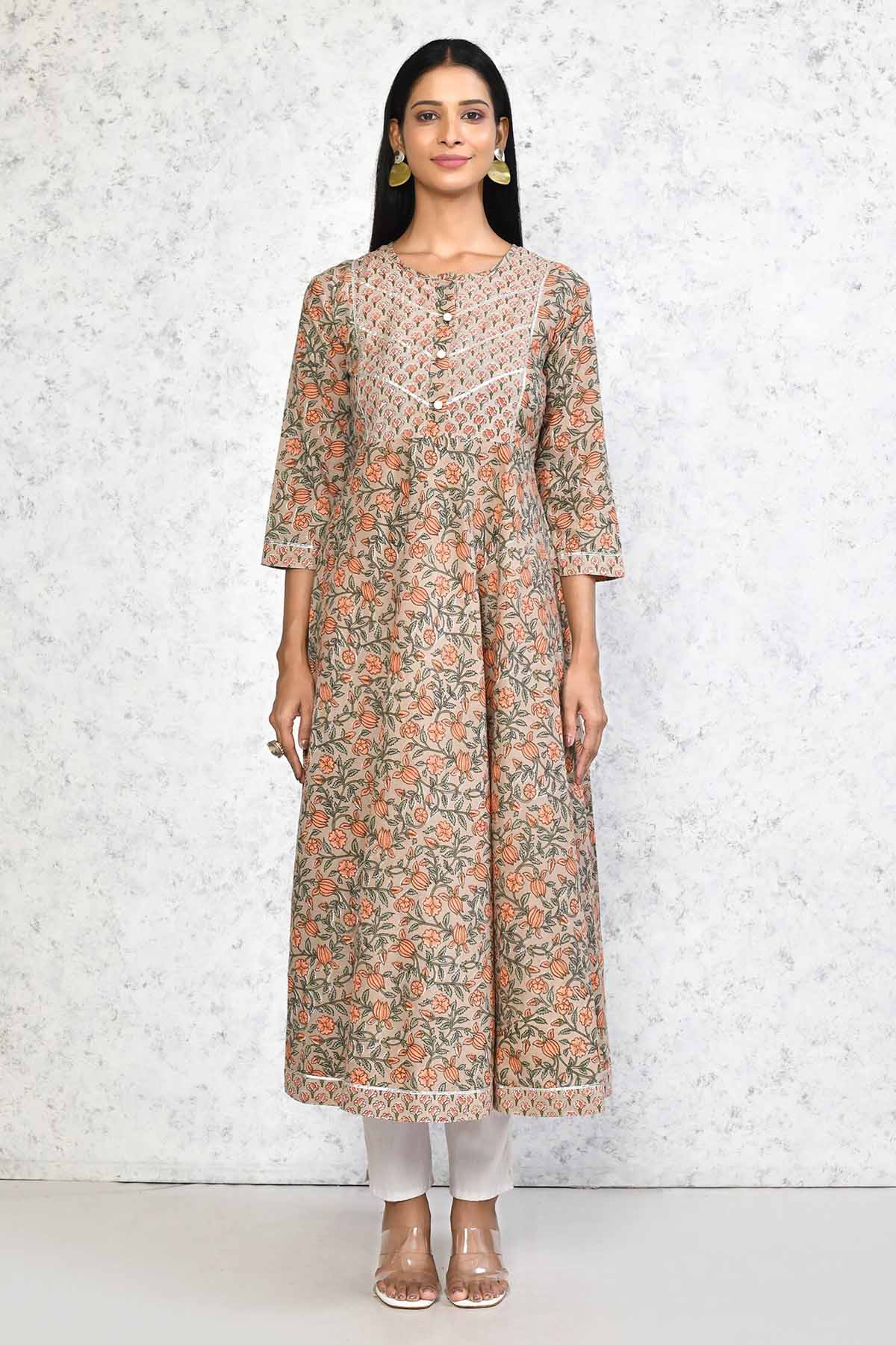Beige Floral Printed Kurta