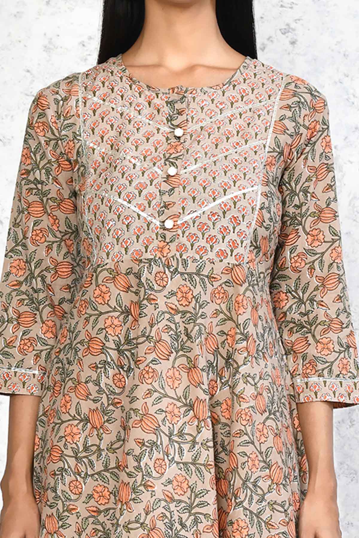 Beige Floral Printed Kurta