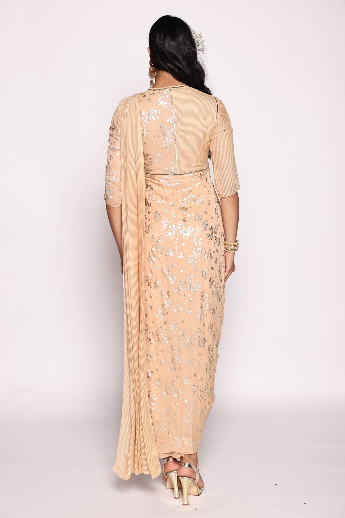 Beige Foil Print Pre Drape Saree