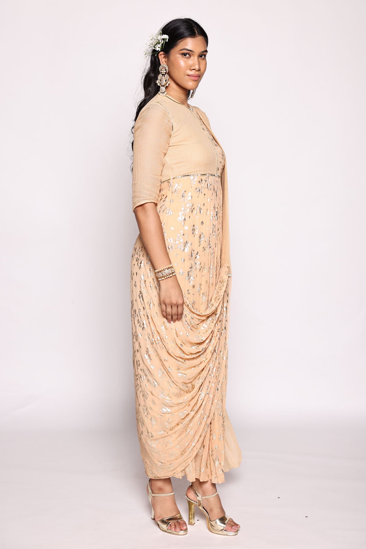 Beige Foil Print Pre Drape Saree