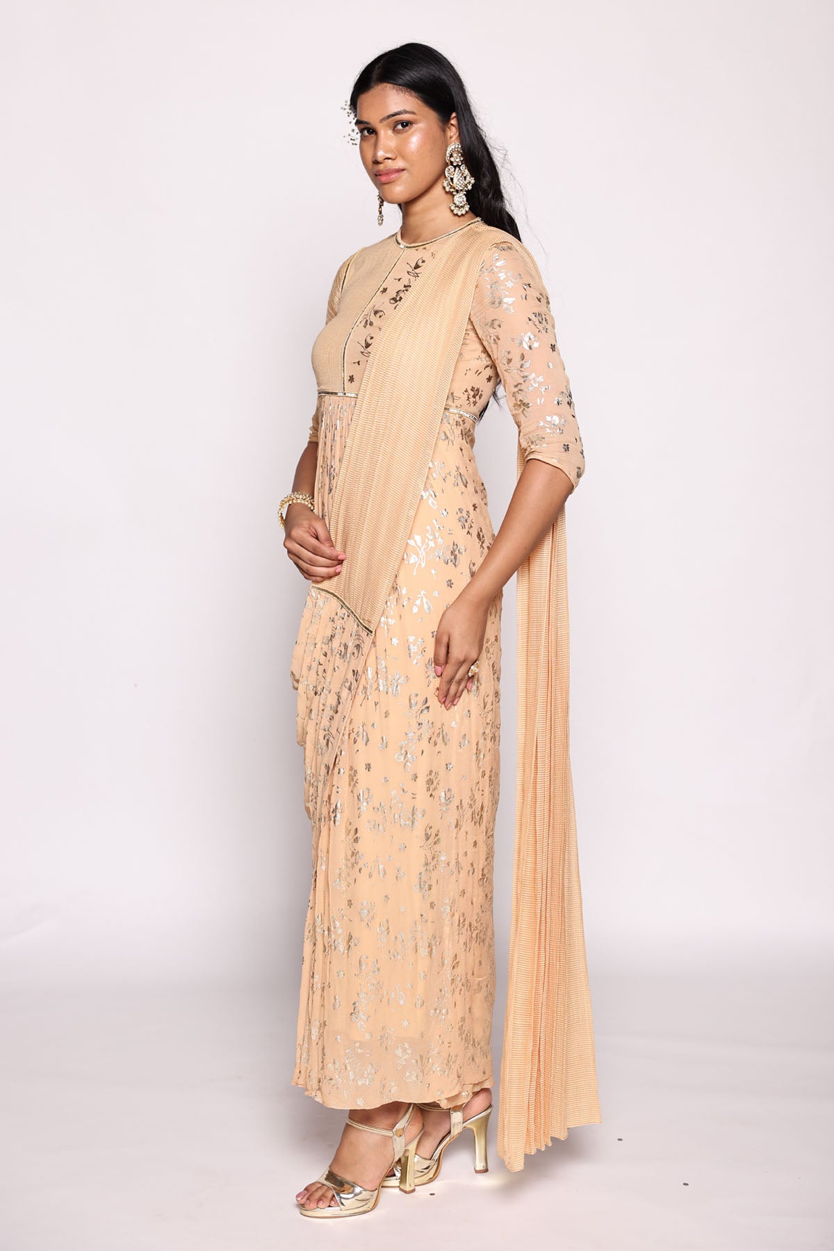 Beige Foil Print Pre Drape Saree