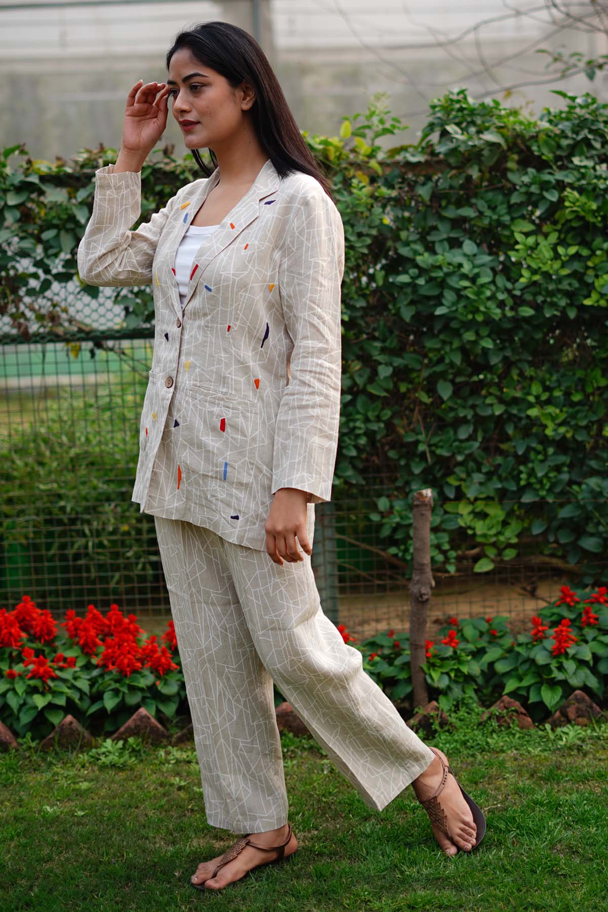 Beige Geometric Print Pants