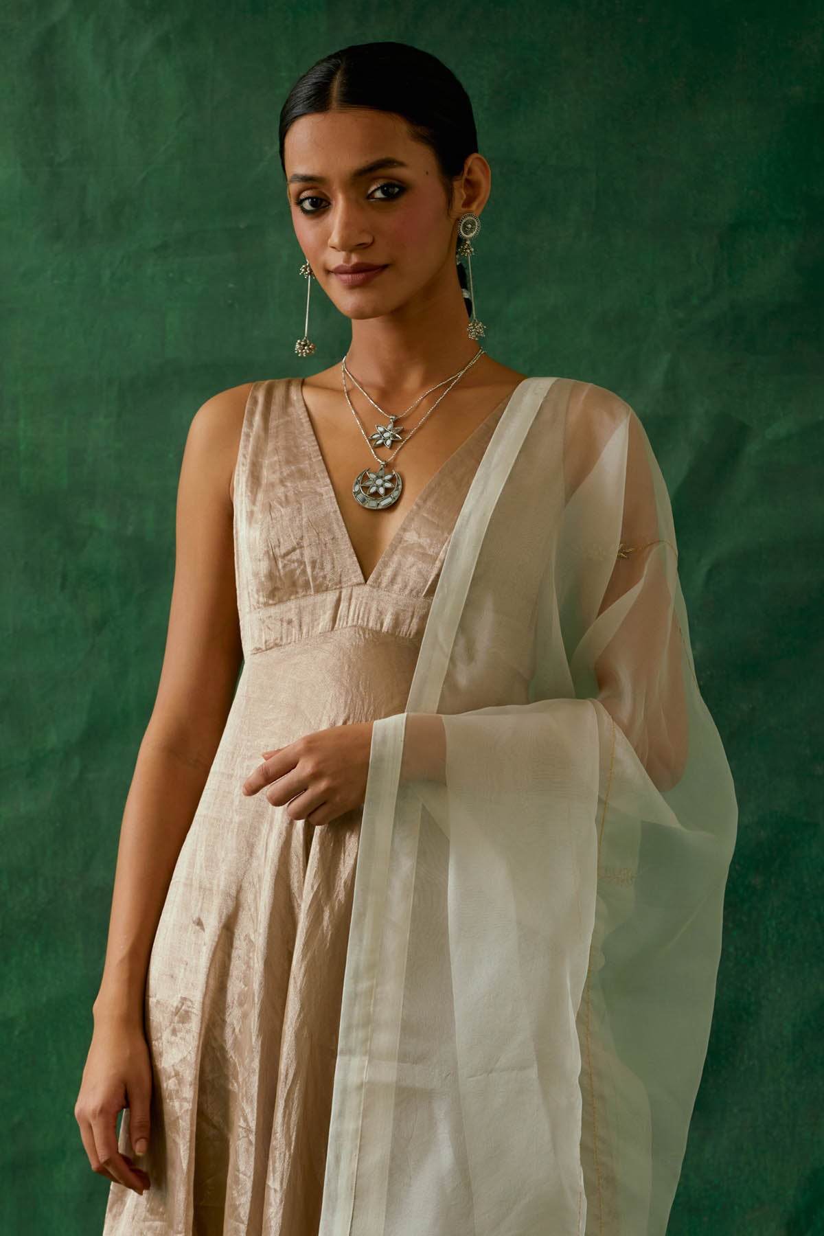 Beige Gold Zari Silk Anarkali Set