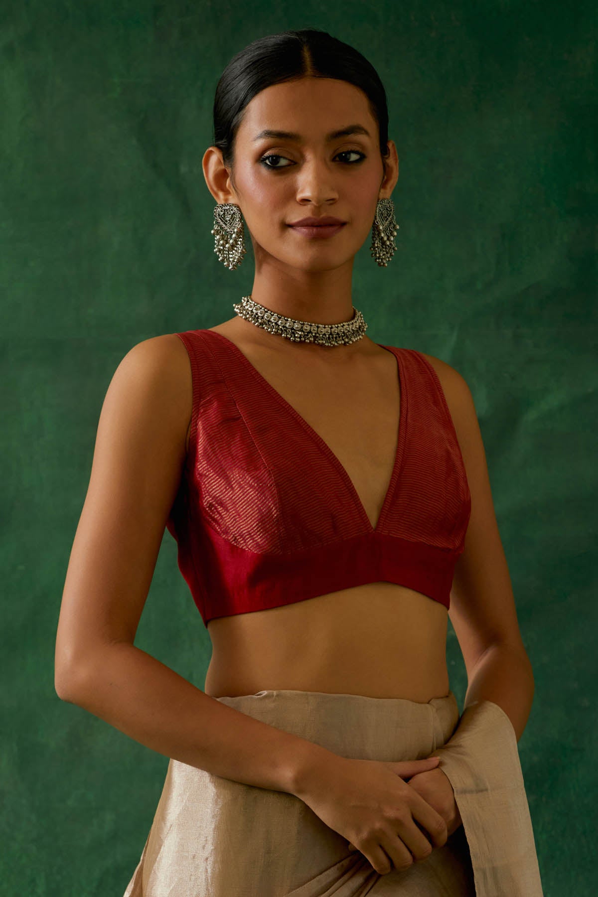 Beige Gold Zari Silk Saree Set