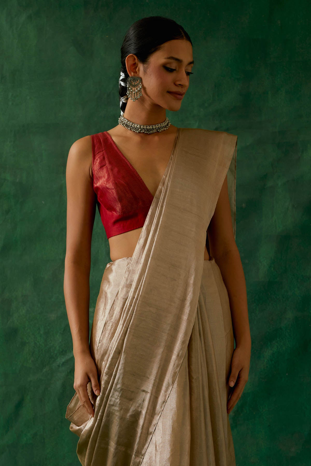 Beige Gold Zari Silk Saree Set