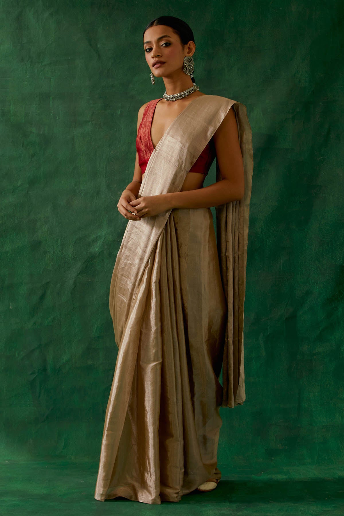 Beige Gold Zari Silk Saree Set