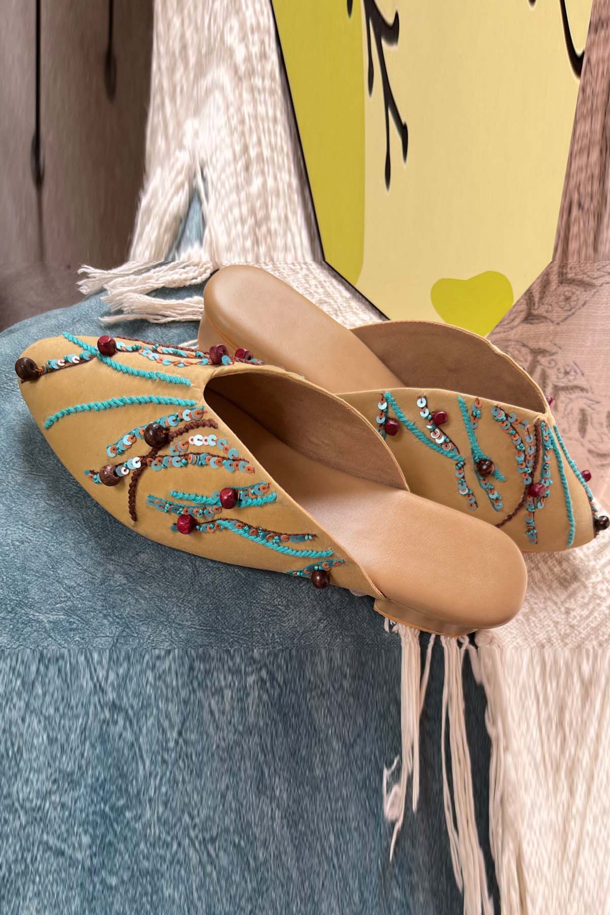 Beige Hand Embroidered Mules