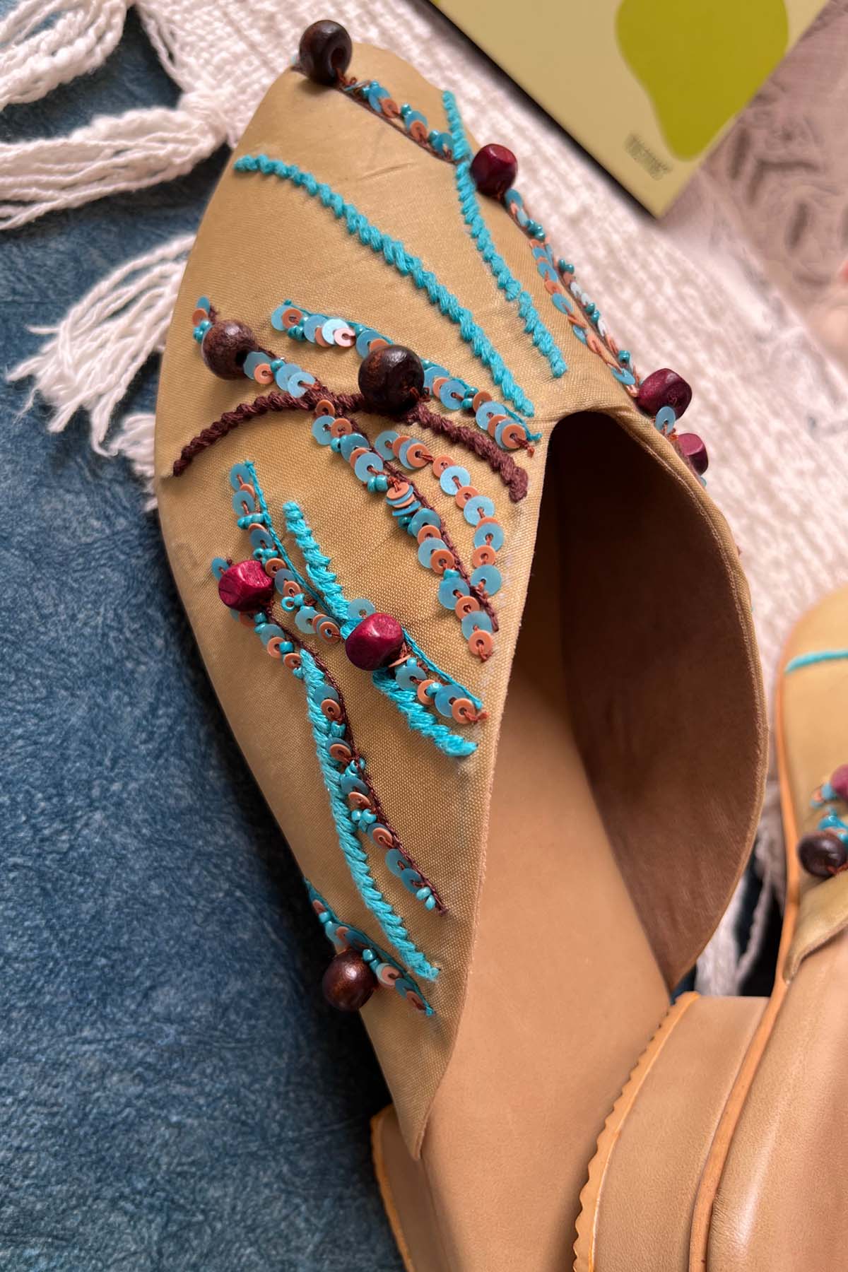 Beige Hand Embroidered Mules